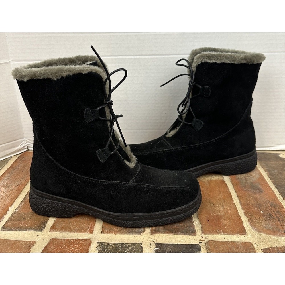 Bass Black Leather Winter Boots Suede Lace Up Lined Warm Lug Sole Women's 9.5